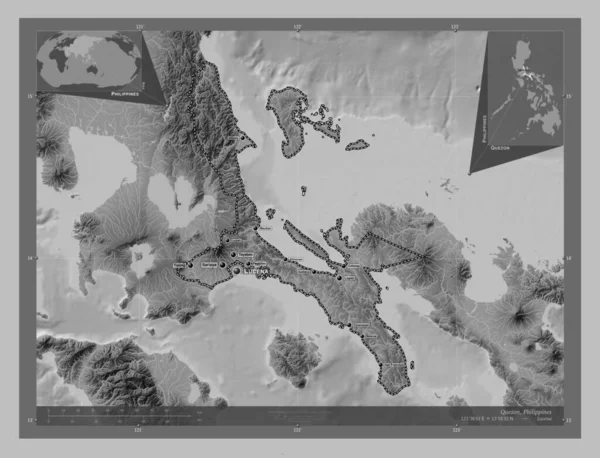 Quezon Province Philippines Grayscale Elevation Map Lakes Rivers Locations Names — Stockfoto
