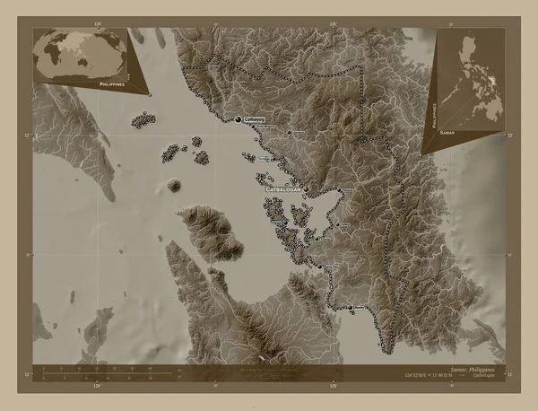 ซามาร งหว แผนท ระด บความส ในโทนส Sepia บทะเลสาบและแม สถานท และช — ภาพถ่ายสต็อก