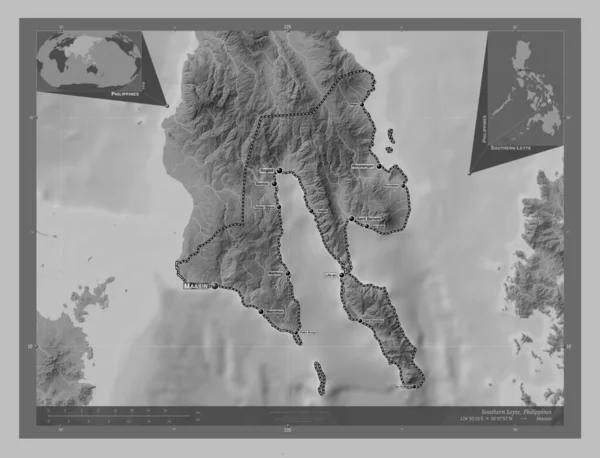 Southern Leyte Province Philippines Grayscale Elevation Map Lakes Rivers Locations — Stok fotoğraf