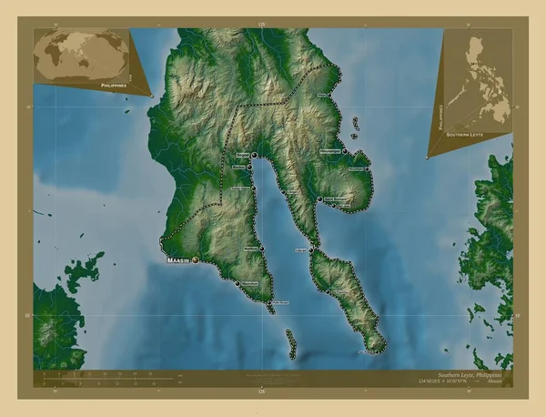 Південний Лейте Провінція Філіппіни Кольорові Карти Висот Озерами Річками Місця — стокове фото