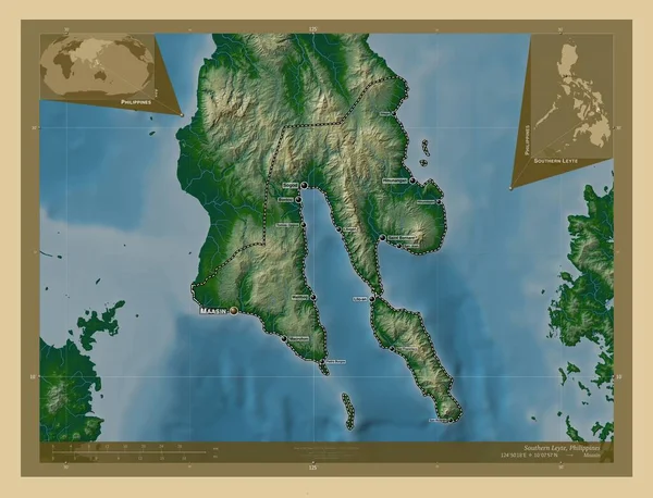 Southern Leyte Province Philippines Colored Elevation Map Lakes Rivers Locations — Stockfoto