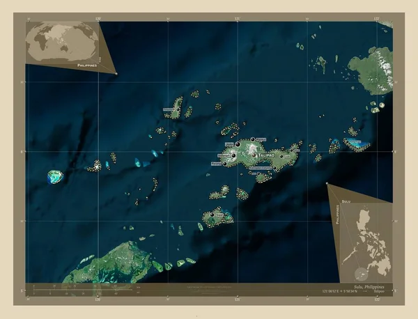 Sulu Province Philippines High Resolution Satellite Map Locations Names Major — ストック写真