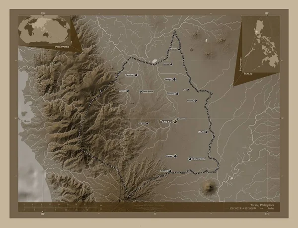 Tarlac Province Philippines Elevation Map Colored Sepia Tones Lakes Rivers — 스톡 사진