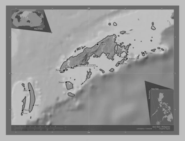 Tawi Tawi Province Philippines Grayscale Elevation Map Lakes Rivers Locations — Foto de Stock