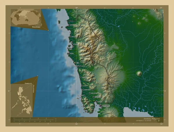 Zambales Province Philippines Colored Elevation Map Lakes Rivers Locations Names — ストック写真