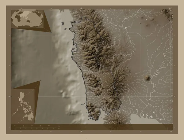 Zambales Province Philippines Elevation Map Colored Sepia Tones Lakes Rivers — ストック写真