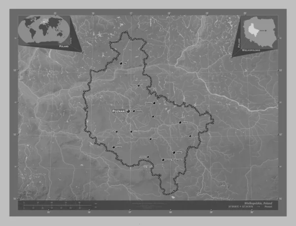 Wielkopolskie Voivodeship Province Poland Grayscale Elevation Map Lakes Rivers Locations — Stock Photo, Image