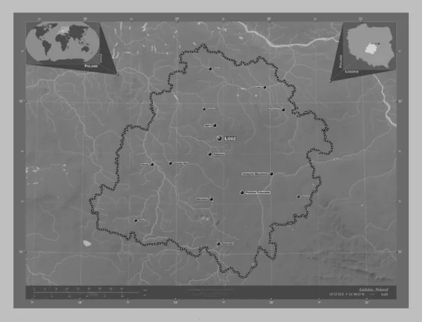 Lodzkie Voivodeship Province Poland Grayscale Elevation Map Lakes Rivers Locations — Stock fotografie