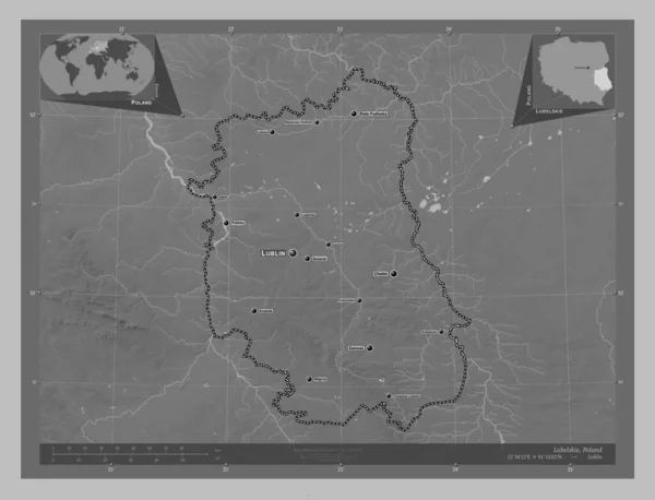 Lubelskie Voivodeship Province Poland Grayscale Elevation Map Lakes Rivers Locations — ストック写真