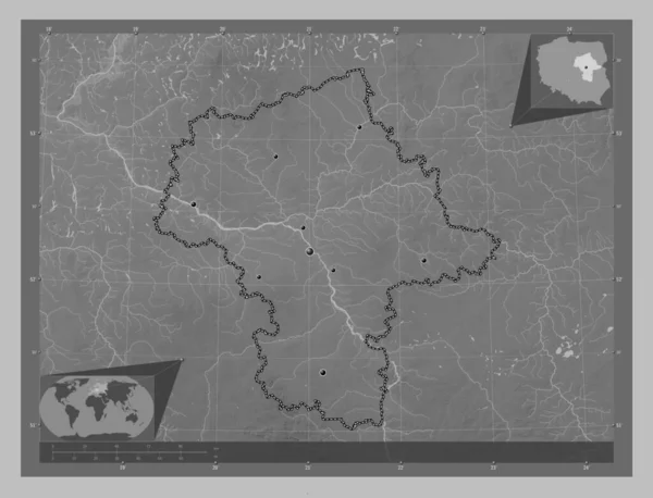Mazowieckie Voivodeship Province Poland Grayscale Elevation Map Lakes Rivers Locations — Stock fotografie