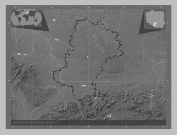 Slaskie Voivodeship Province Poland Grayscale Elevation Map Lakes Rivers Corner — ストック写真