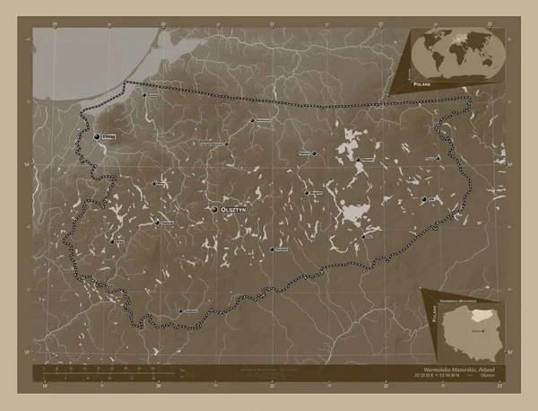 Warminsko Mazurskie Voivodeship Province Poland Elevation Map Colored Sepia Tones — Stock Photo, Image