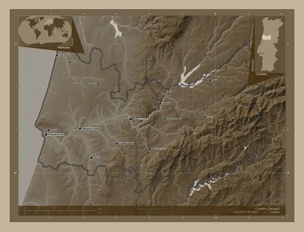 Coimbra District Portugal Elevation Map Colored Sepia Tones Lakes Rivers — Foto Stock