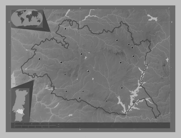 Evora District Portugal Grayscale Elevation Map Lakes Rivers Locations Major — Stock Photo, Image