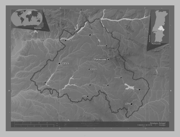 Portalegre District Portugal Grayscale Elevation Map Lakes Rivers Locations Names — Stock Photo, Image