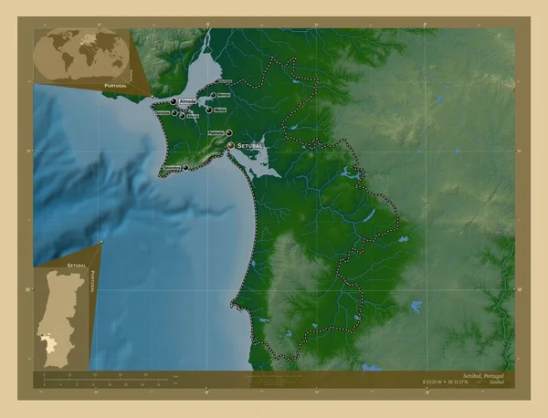 Сетубал Район Португалії Кольорові Карти Висот Озерами Річками Місця Розташування — стокове фото