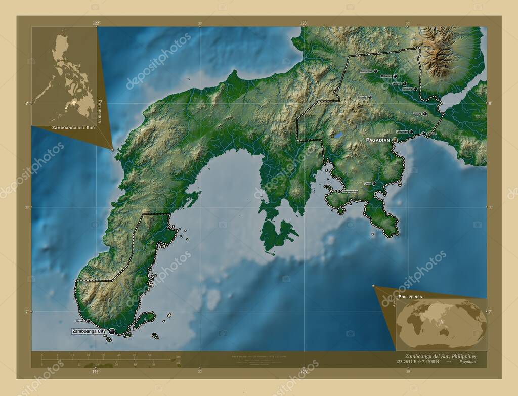 Zamboanga del Sur, province of Philippines. Colored elevation map with