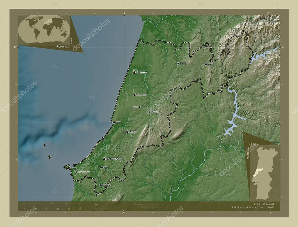 Leiria, district of Portugal. Elevation map colored in wiki style with