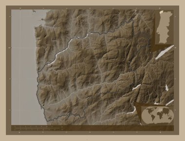 Viana do Castelo, district of Portugal. Elevation map colored in sepia tones with lakes and rivers. Corner auxiliary location maps