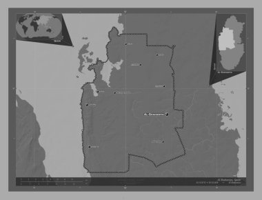 Al Shahaniya, municipality of Qatar. Bilevel elevation map with lakes and rivers. Locations and names of major cities of the region. Corner auxiliary location maps