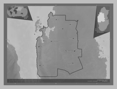 Al Shahaniya, municipality of Qatar. Grayscale elevation map with lakes and rivers. Locations and names of major cities of the region. Corner auxiliary location maps
