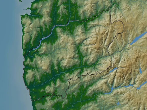 Viana do Castelo, district of Portugal. Colored elevation map with lakes and rivers