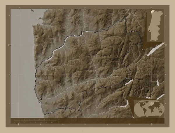 Viana do Castelo, district of Portugal. Elevation map colored in sepia tones with lakes and rivers. Corner auxiliary location maps