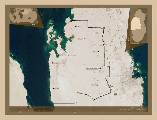 Shahaniya Municipality Qatar Low Resolution Satellite Map Locations Names Major — Stockfoto