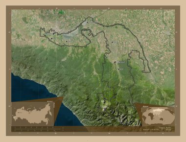 Adygey, republic of Russia. Low resolution satellite map. Locations and names of major cities of the region. Corner auxiliary location maps
