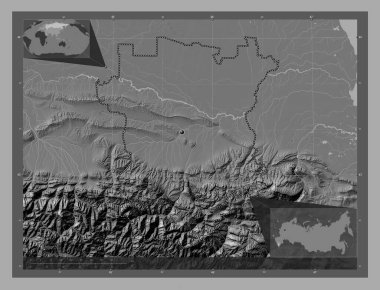 Chechnya, republic of Russia. Bilevel elevation map with lakes and rivers. Corner auxiliary location maps