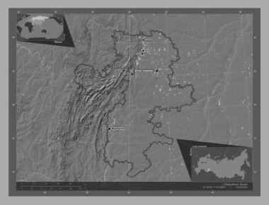 Chelyabinsk, region of Russia. Bilevel elevation map with lakes and rivers. Locations and names of major cities of the region. Corner auxiliary location maps