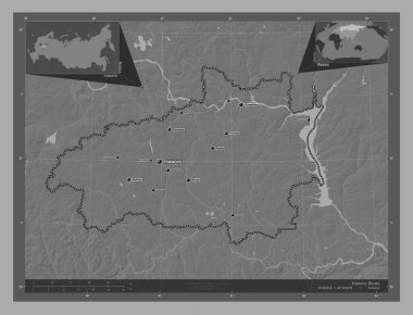 Ivanovo, region of Russia. Bilevel elevation map with lakes and rivers. Locations and names of major cities of the region. Corner auxiliary location maps