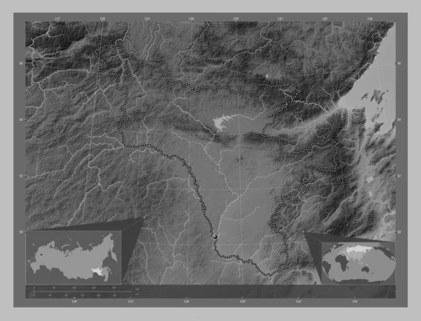 Amur Region Russia Grayscale Elevation Map Lakes Rivers Corner Auxiliary — Stok fotoğraf