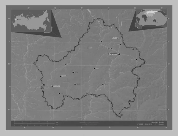 Bryansk Region Russia Grayscale Elevation Map Lakes Rivers Locations Names — Stock fotografie