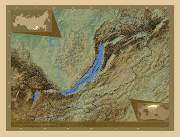 Buryat Republic Russia Colored Elevation Map Lakes Rivers Corner Auxiliary — 图库照片