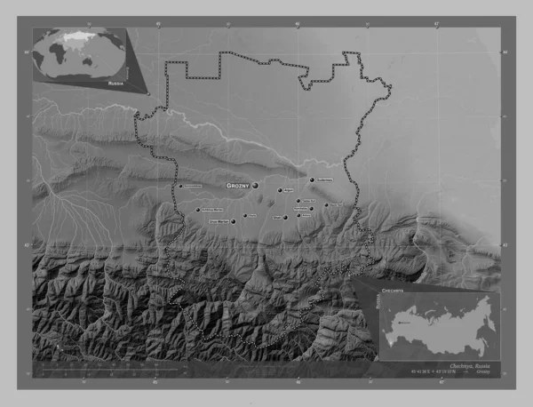 Chechnya Republic Russia Grayscale Elevation Map Lakes Rivers Locations Names — ストック写真