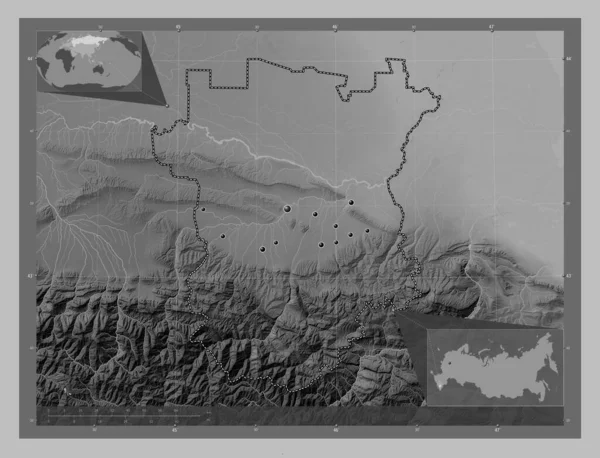 Chechnya Republic Russia Grayscale Elevation Map Lakes Rivers Locations Major — ストック写真