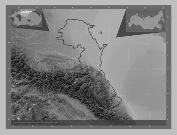 Dagestan Republic Russia Grayscale Elevation Map Lakes Rivers Corner Auxiliary — ストック写真