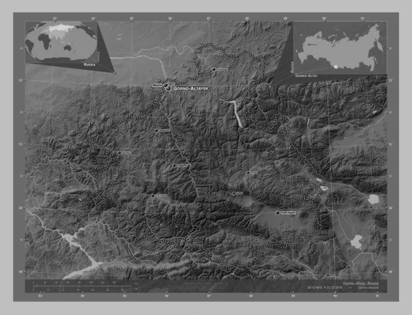 Gorno Altay Republic Russia Grayscale Elevation Map Lakes Rivers Locations — ストック写真