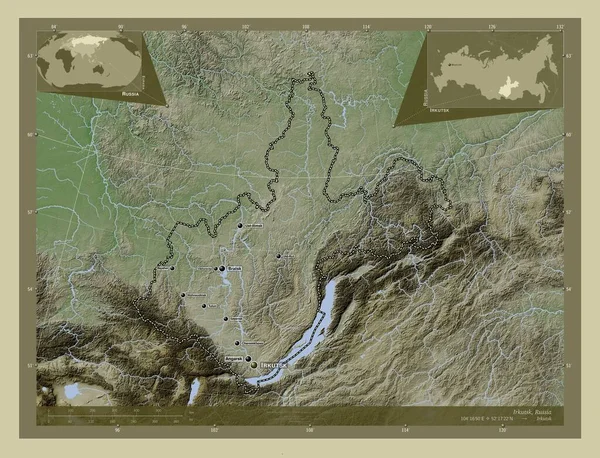 Irkutsk Region Russia Elevation Map Colored Wiki Style Lakes Rivers — Foto Stock