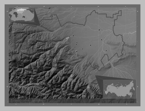 Kabardin Balkar Republic Russia Grayscale Elevation Map Lakes Rivers Locations — Fotografia de Stock