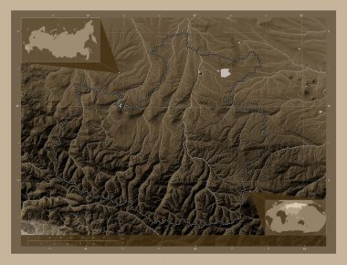 Karachay-Cherkess, republic of Russia. Elevation map colored in sepia tones with lakes and rivers. Corner auxiliary location maps