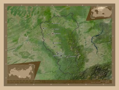 Kemerovo, region of Russia. Low resolution satellite map. Locations and names of major cities of the region. Corner auxiliary location maps