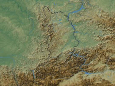 Khakass, republic of Russia. Colored elevation map with lakes and rivers