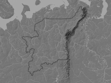 Komi, republic of Russia. Bilevel elevation map with lakes and rivers