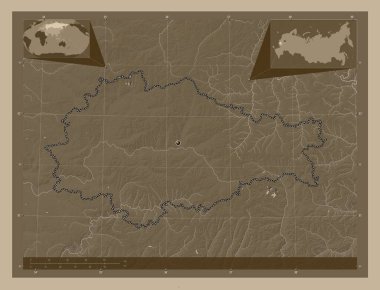 Kursk, region of Russia. Elevation map colored in sepia tones with lakes and rivers. Corner auxiliary location maps