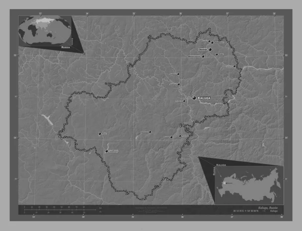 Kaluga Region Russia Bilevel Elevation Map Lakes Rivers Locations Names — Stock Photo, Image