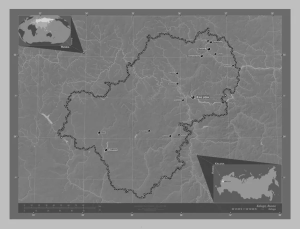 Kaluga Region Russia Grayscale Elevation Map Lakes Rivers Locations Names — Stock Photo, Image