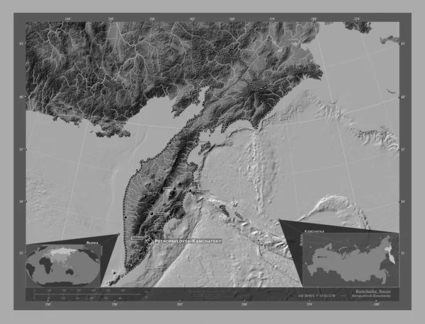 Kamchatka Territory Russia Bilevel Elevation Map Lakes Rivers Locations Names — Φωτογραφία Αρχείου