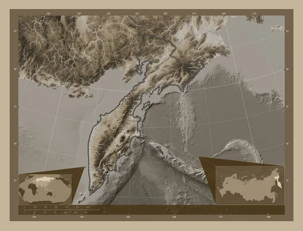 Kamchatka Territory Russia Elevation Map Colored Sepia Tones Lakes Rivers — Stock Fotó